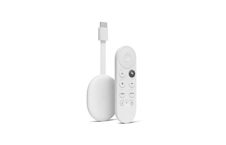 Chromecast blanco de Google, cable y mando, fondo blanco.