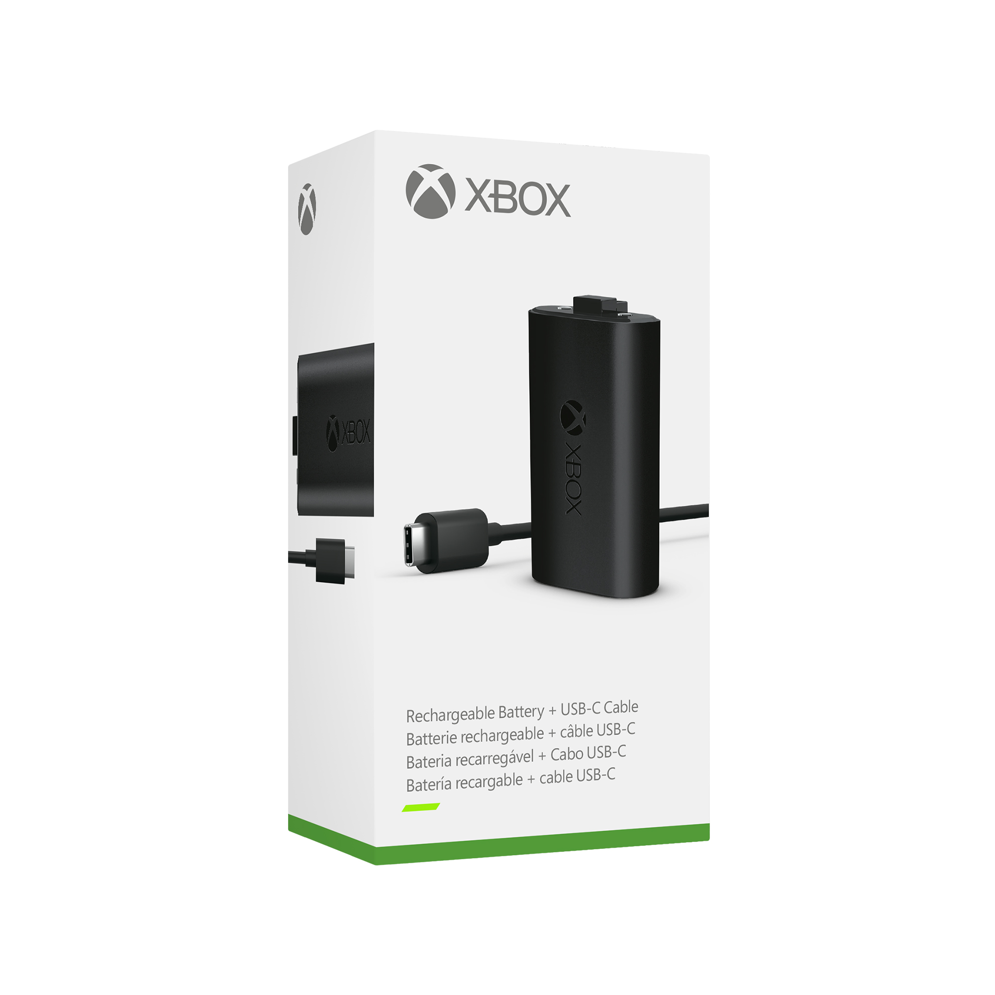 Beyaz Xbox şarj edilebilir pil ve kablo kutusu. Siyah pil ve kablo görünür.