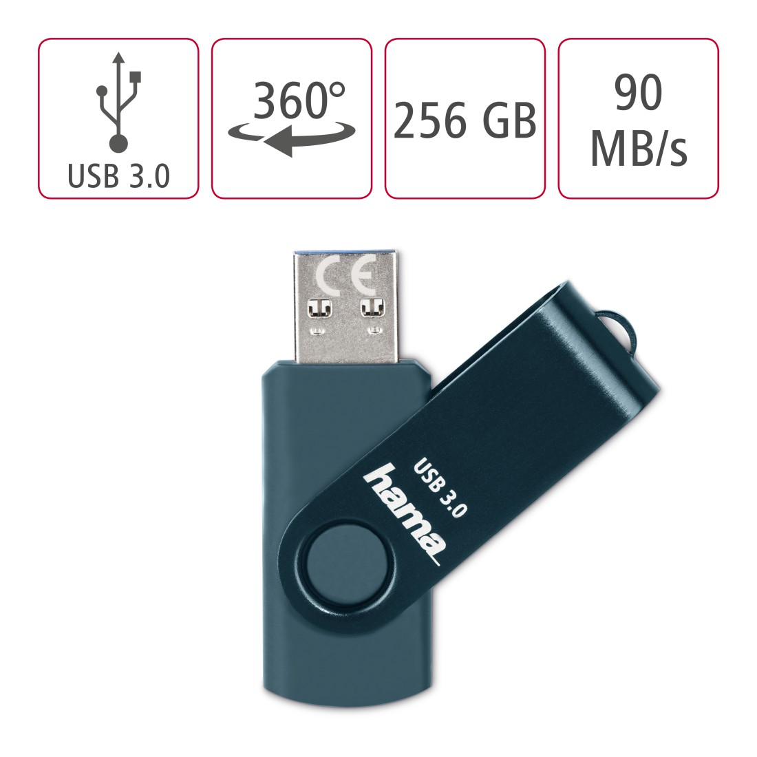 Ein dunkelblauer USB 3.0-Flash-Laufwerk mit Produktdetails und Symbolen auf weißem Hintergrund.