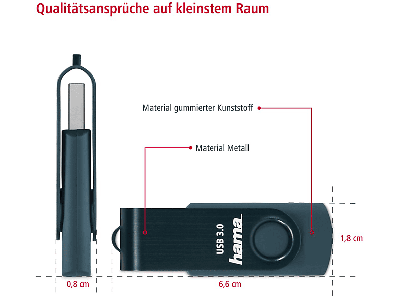 Thumbnail - HAMA Rotate USB-Stick, 64 GB, 70 MB/s, Petrol Blau
