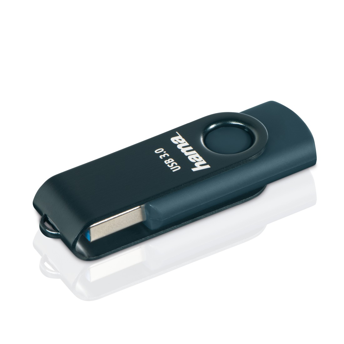 Dunkelgrüner USB-3.0-Stick auf weißer Oberfläche.
