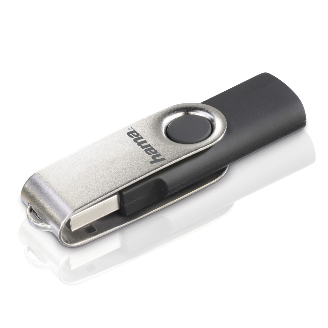 Silberner und schwarzer USB-Stick mit dem Aufdruck "hama".
