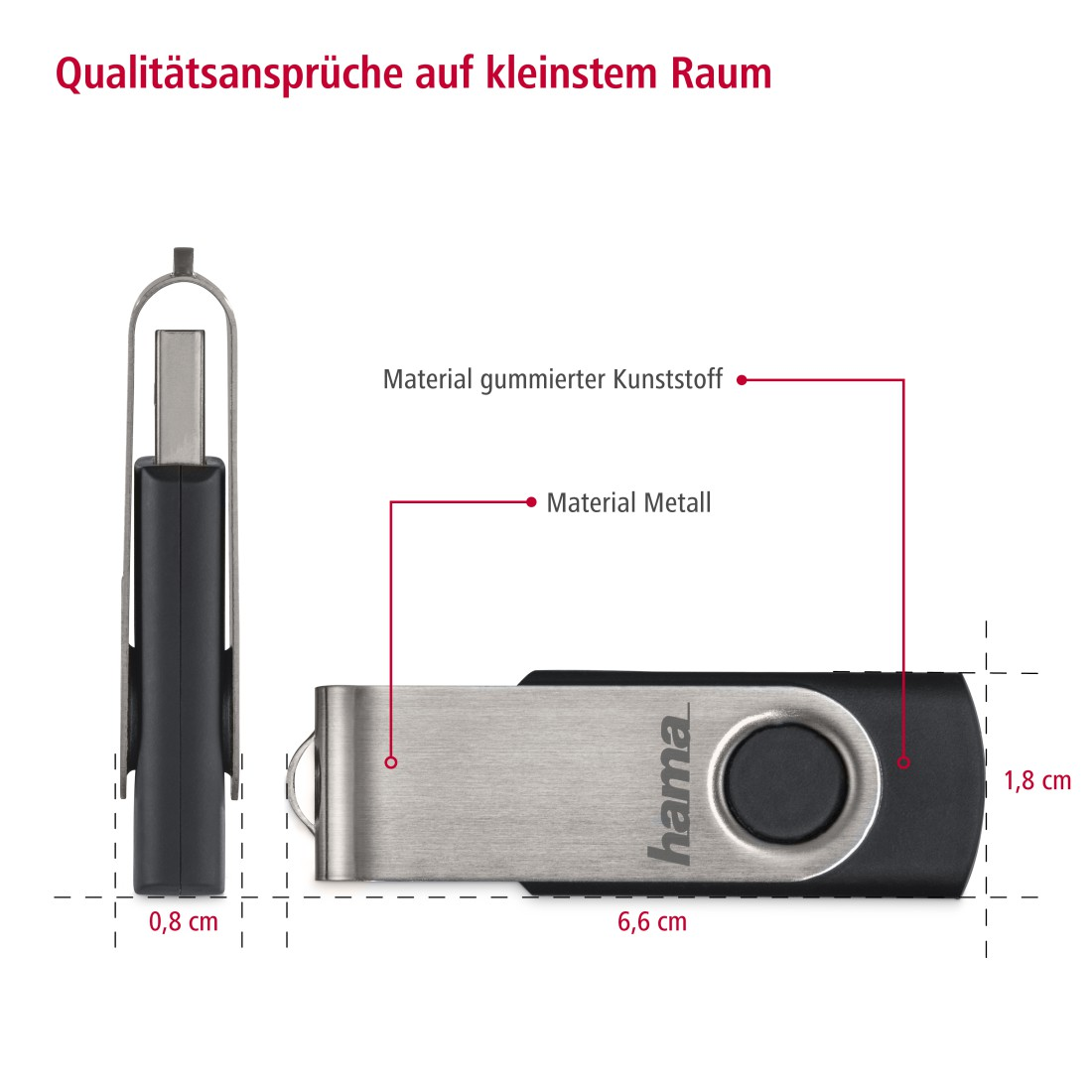 Ein USB-Stick. Es ist schwarz mit silbernem Metall.