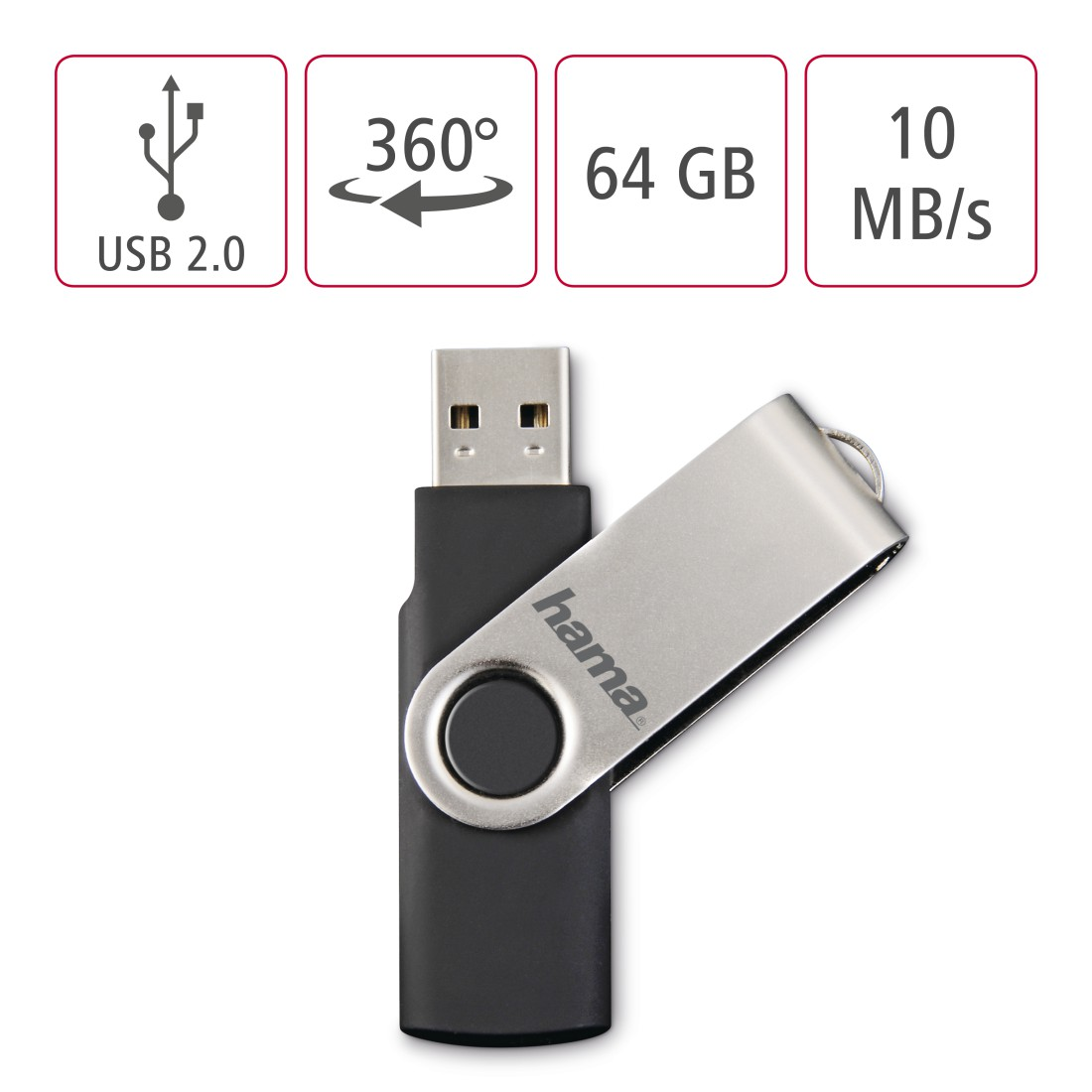 HAMA Rotate 15 64 USB-Stick, MB/s, Schwarz/Silber GB