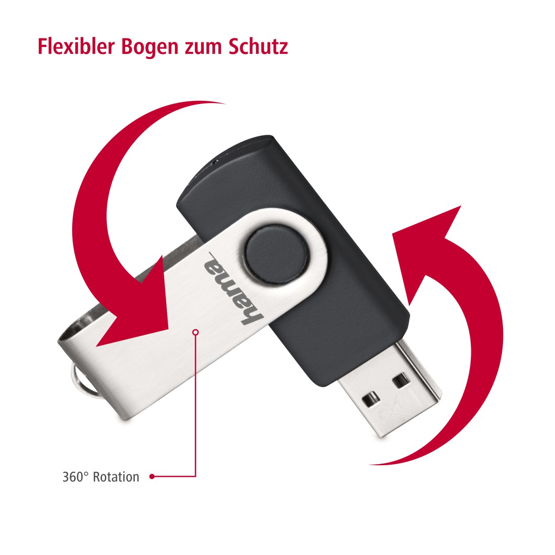 Ein USB-Stick mit Pfeilen, die eine 360-Grad-Drehung anzeigen.