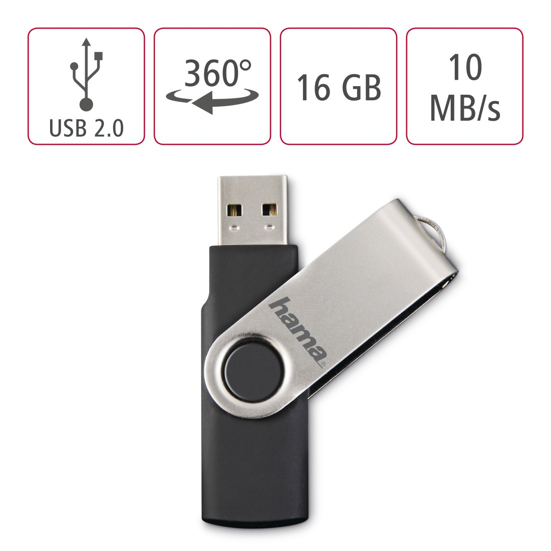 Schwarzer und silberner USB-Stick mit USB 2.0, 16 GB und 10 MB/s Symbolen.