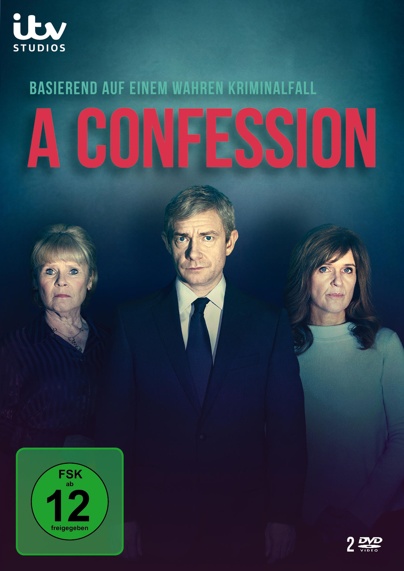 DVD-Cover: Drei Personen, Titel: A Confession. Der Mann steht in der Mitte, mit besorgten Gesichtern.