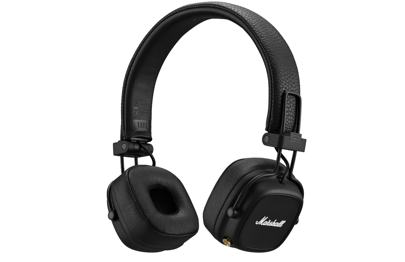 Schwarze Marshall-Kopfhörer mit Leder-Kopfbügel und Ohrmuscheln. Das Marshall-Logo ist sichtbar.