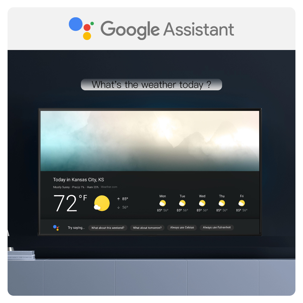 Ein Google Assistant Display mit Wetterdaten für Kansas City, KS, mit Sonnensymbol und Temperaturanzeige.