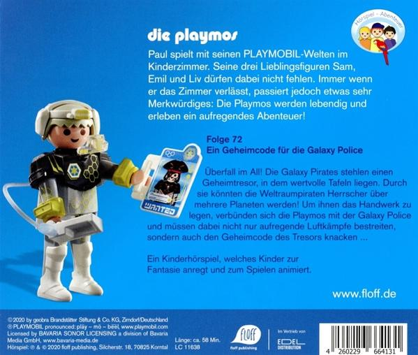 Playmobil-Spielzeugbox mit einer Figur, die eine Karte hält, Text auf Deutsch. Blauer Hintergrund.