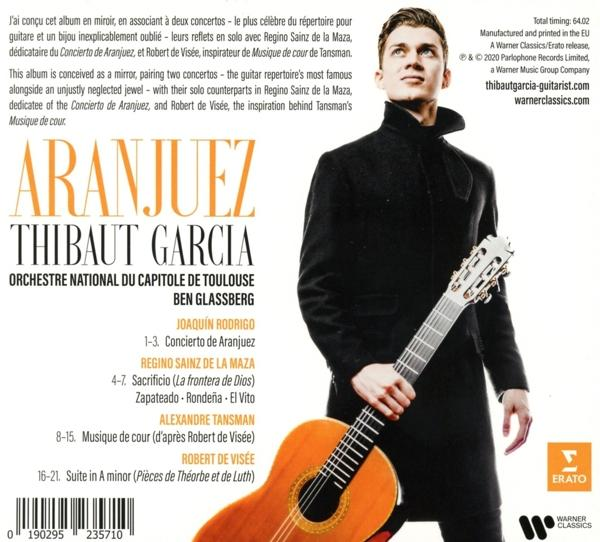 Albumcover von Thibaut Garcia, mit einem Mann, der eine Gitarre hält. Titel lautet AranJuez, Orchesterdetails.