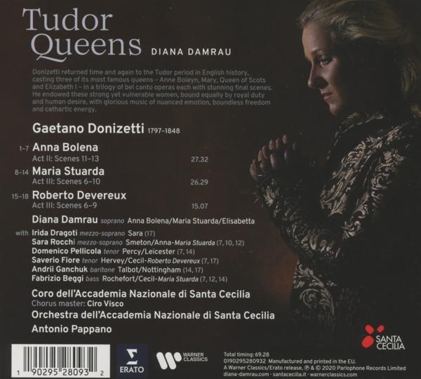 Die Rückseite einer CD-Hülle mit dem Titel 'Tudor Queens' und dem Namen Diana Damrau.