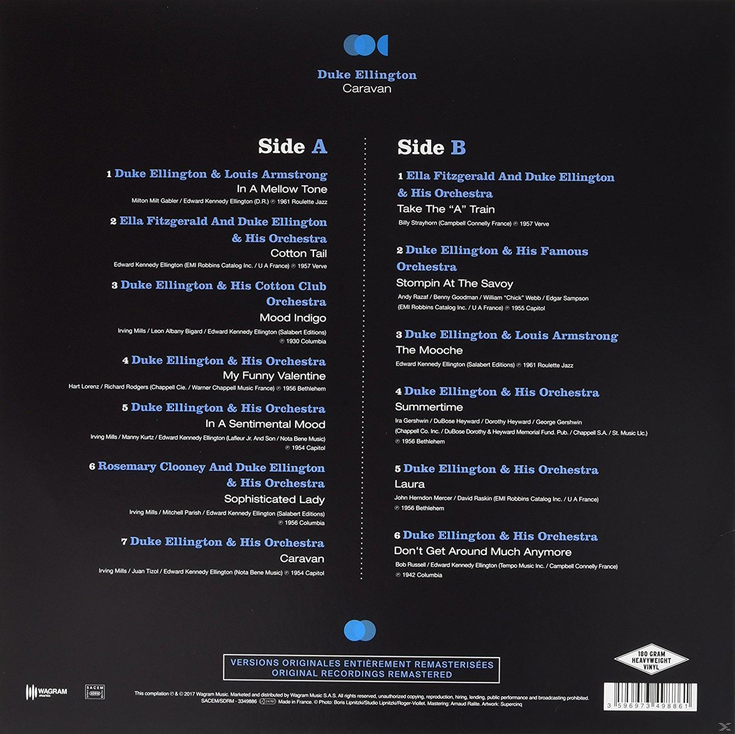 Die Rückseite eines Duke Ellington-Albums mit Text in Blau und Weiß, mit Barcode und Logo unten.