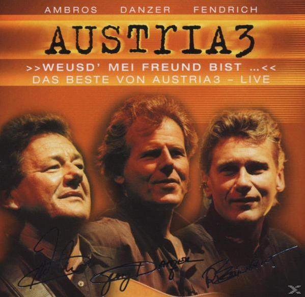 Albumcover von Austria 3, drei Gesichter von Männern, Text 'AustriA3', 'Das Beste von Austria3 - Live'.