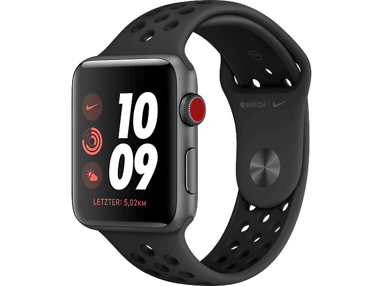 Smartwatch APPLE Watch Nike Series 3 42 mm GPS Cellular Smartwatch Aluminium Kunststoff 140 210 mm Space Grau mit Sportarmband Anthrazit MediaMarkt