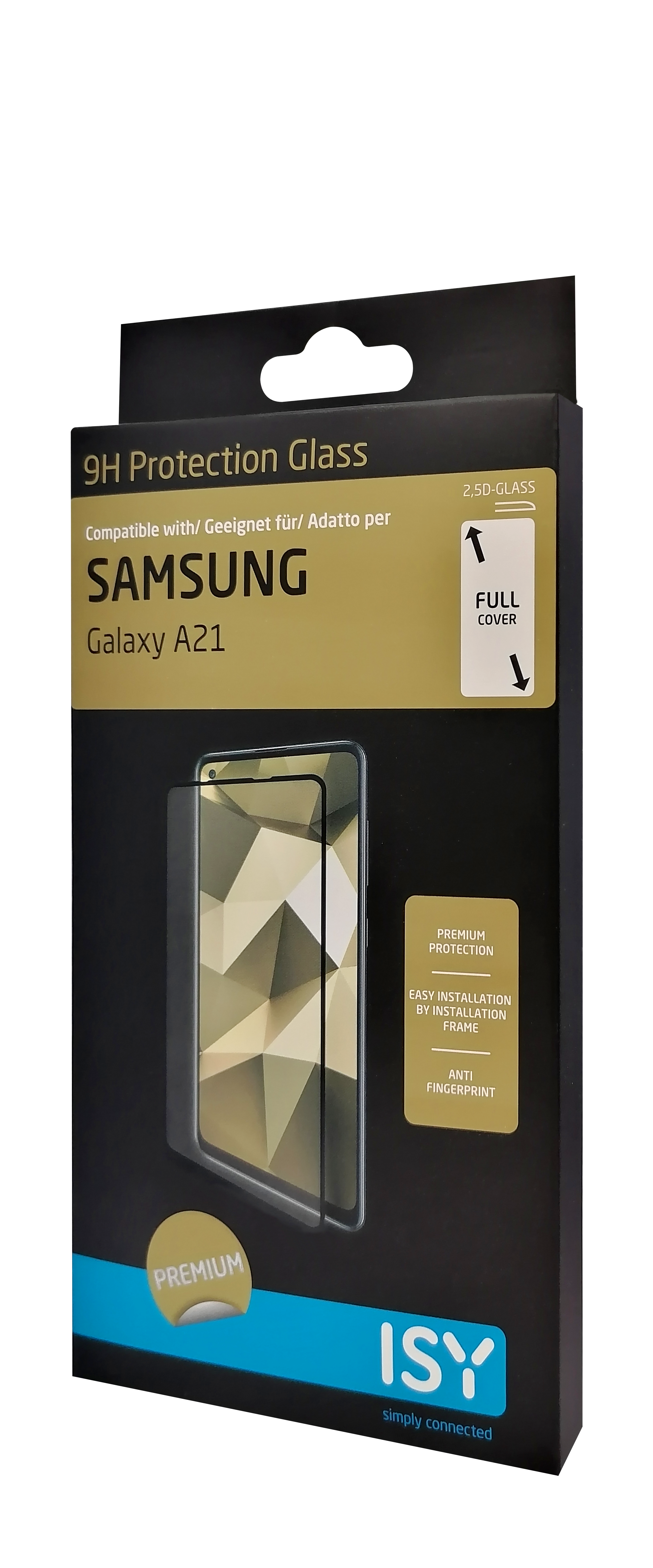 Eine schwarze Schachtel mit einem Displayschutz für Samsung Galaxy A21. Text enthält "9H Protection Glass" und "ISY simply connected".