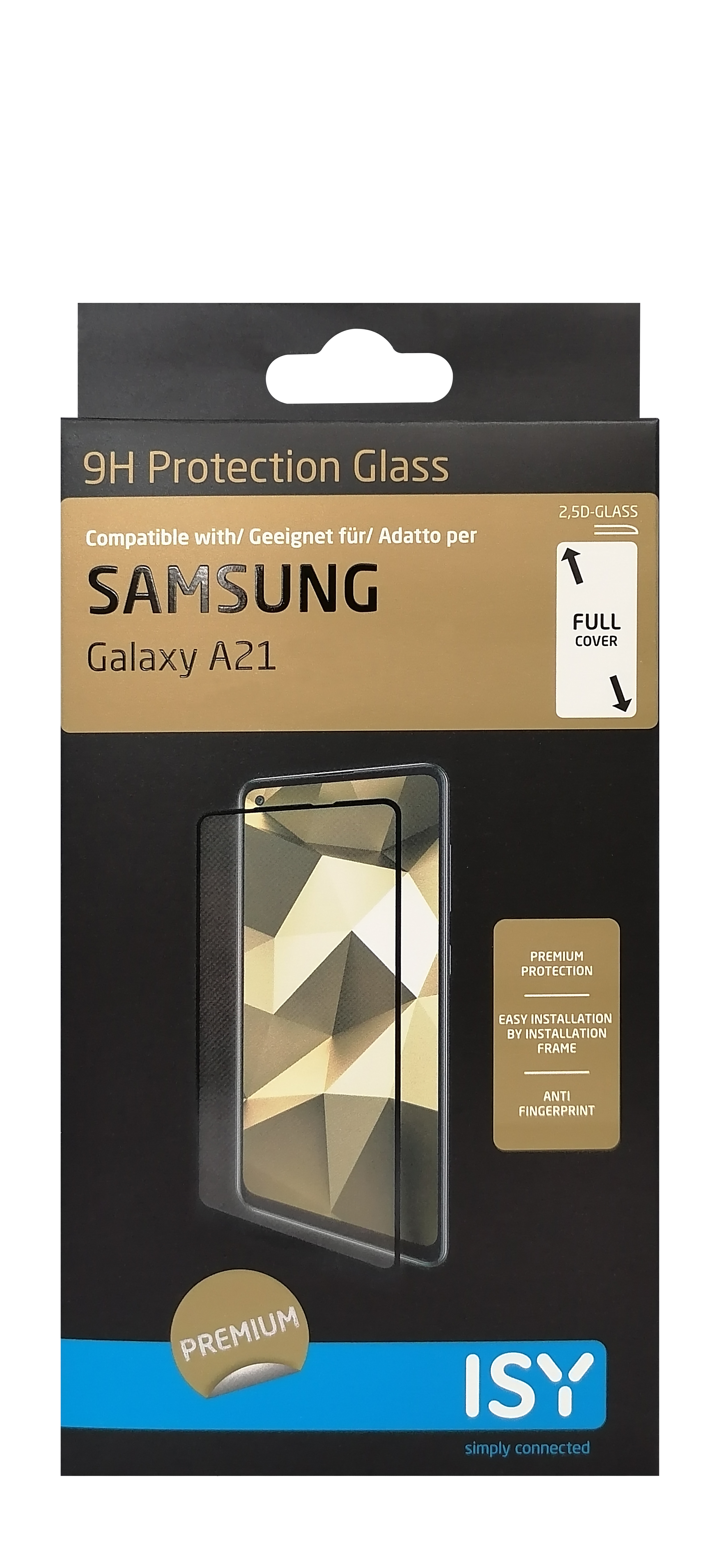 Eine Schachtel für einen Displayschutz für ein Samsung Galaxy A21. Die Schachtel ist schwarz und gold.