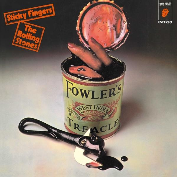 De albumhoes van The Rolling Stones met een blik stroop. Een blikopener ligt ernaast. Twee handen zitten in het blik.