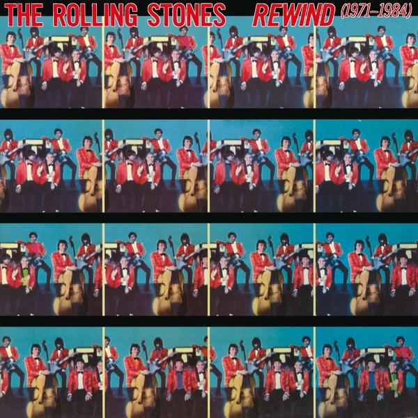Albumhoes: The Rolling Stones Rewind. Meerdere afbeeldingen van de band in rode pakken en instrumenten bespelen.