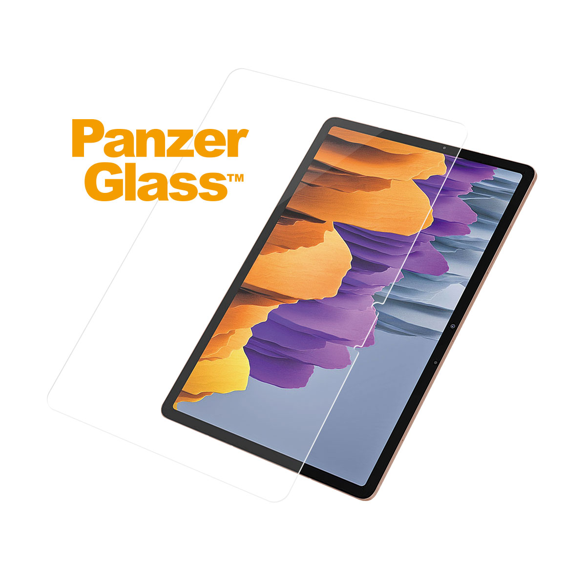 Tablet with a screen protector and a logo. The tablet has a pink frame and a light background.