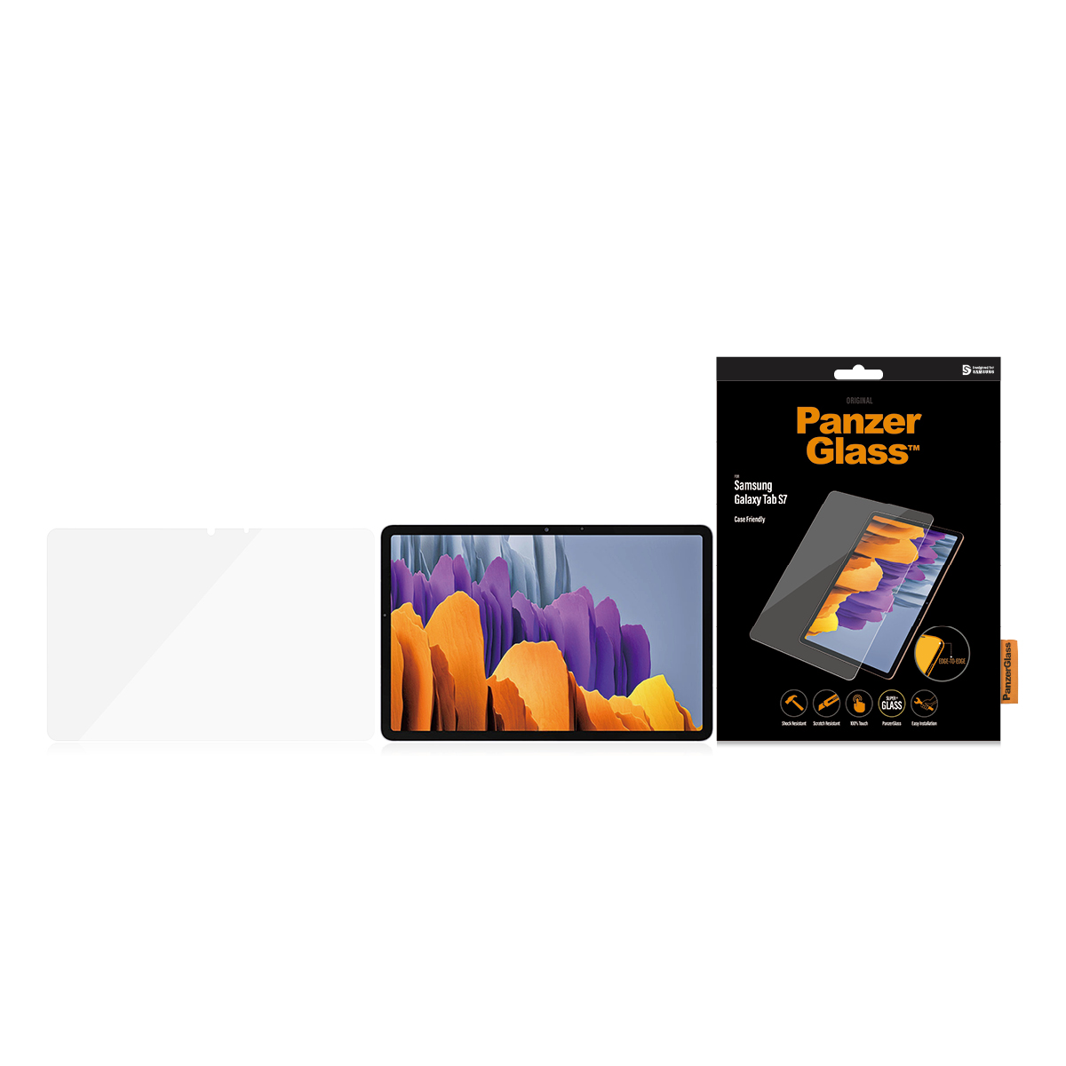 Tablet with screen protector and packaging on a white surface.