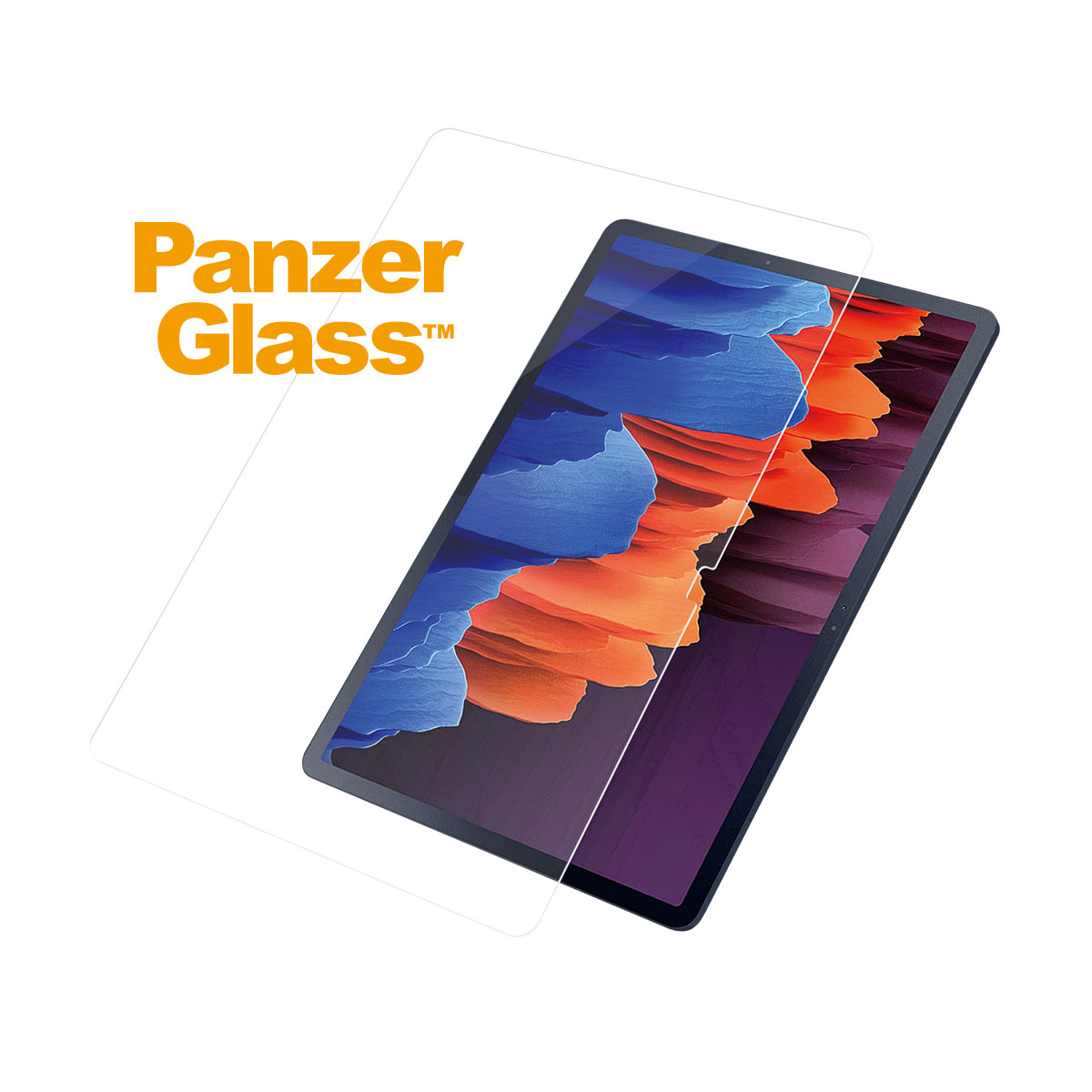 Tablet with screen protector. PanzerGlass logo visible. White background.