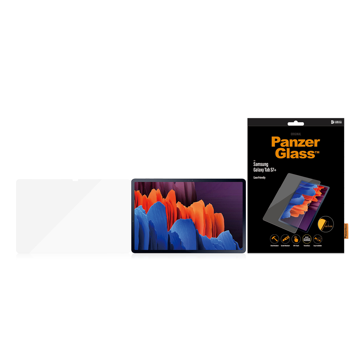 A tablet with a screen protector and a packaging box, showing a blue and orange abstract image.