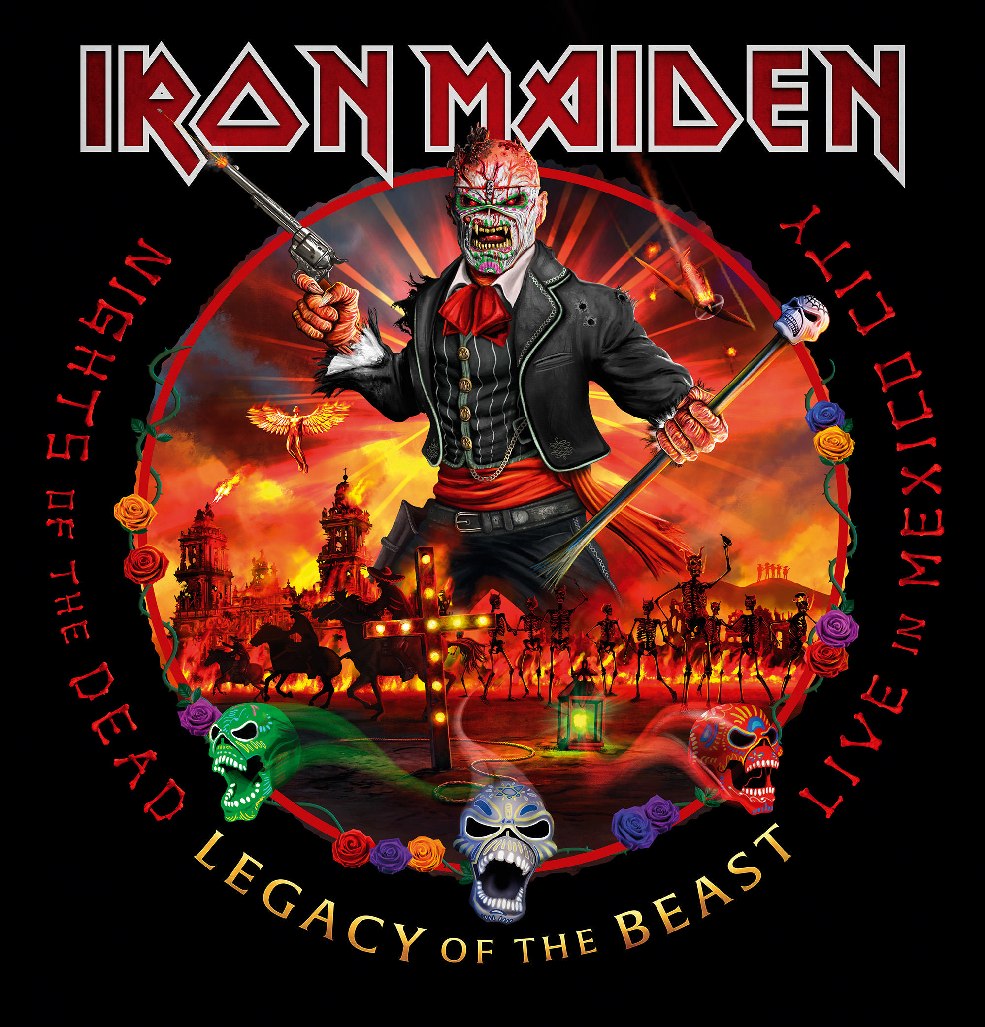 Albumcover mit Iron Maiden-Artwork. Ein Monster mit einer Waffe in einer Stadtkulisse.