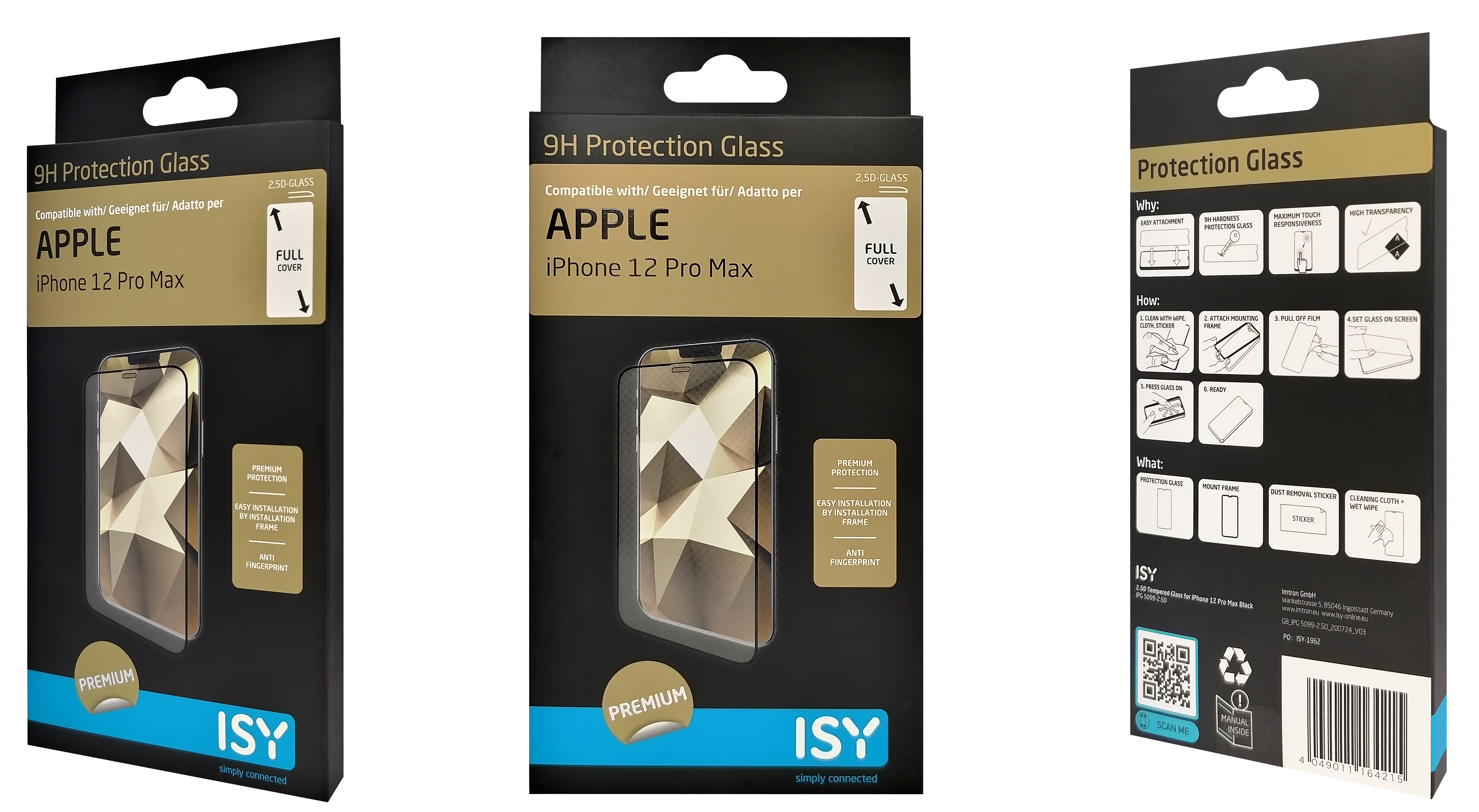 Verpackung für 9H Schutzglas für ein iPhone 12 Pro Max, mit detailliertem Etikett.