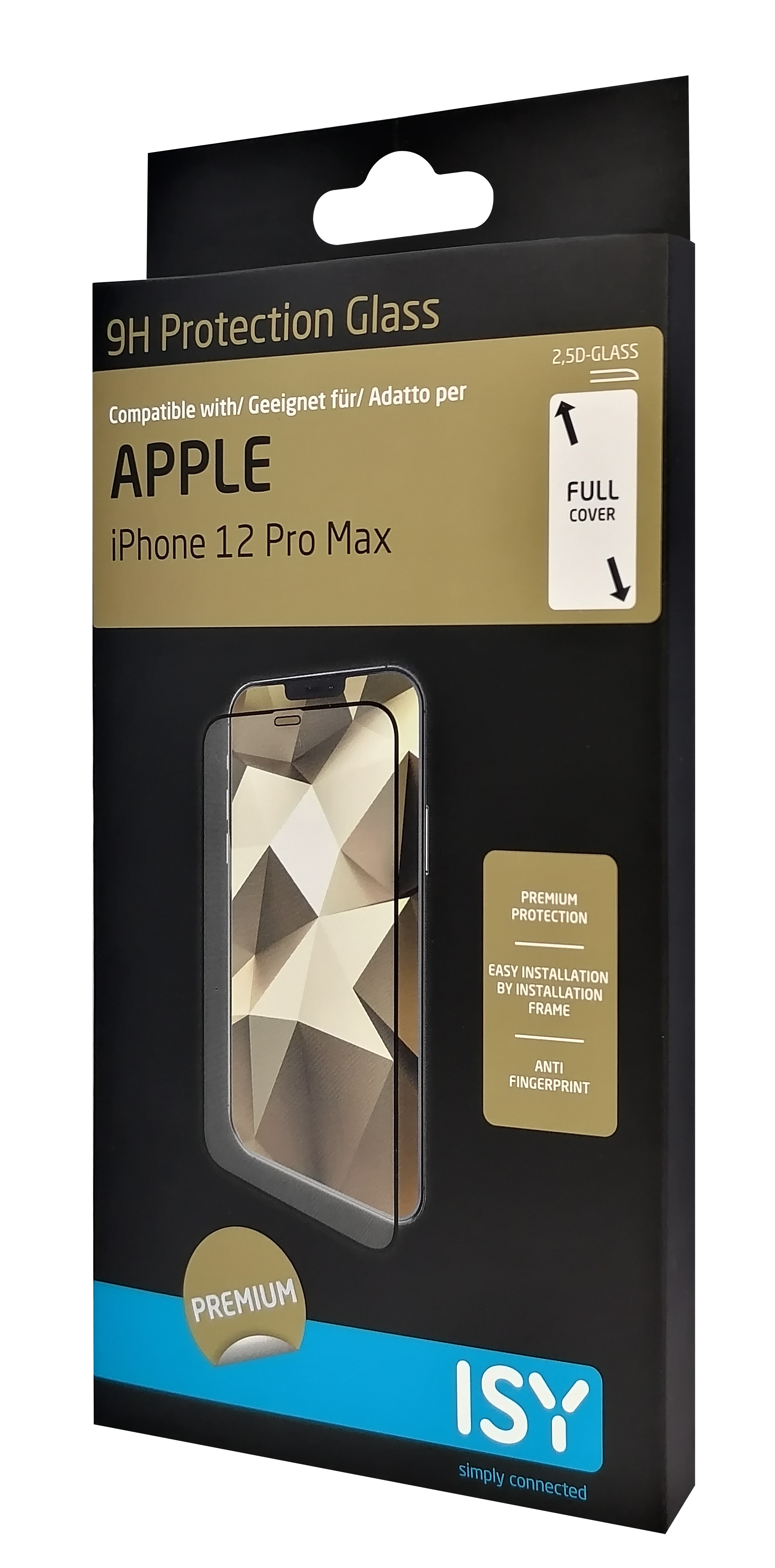 Schwarze Box mit Displayschutzfolie für ein iPhone 12 Pro Max. Die Box hat die Marke ISY.