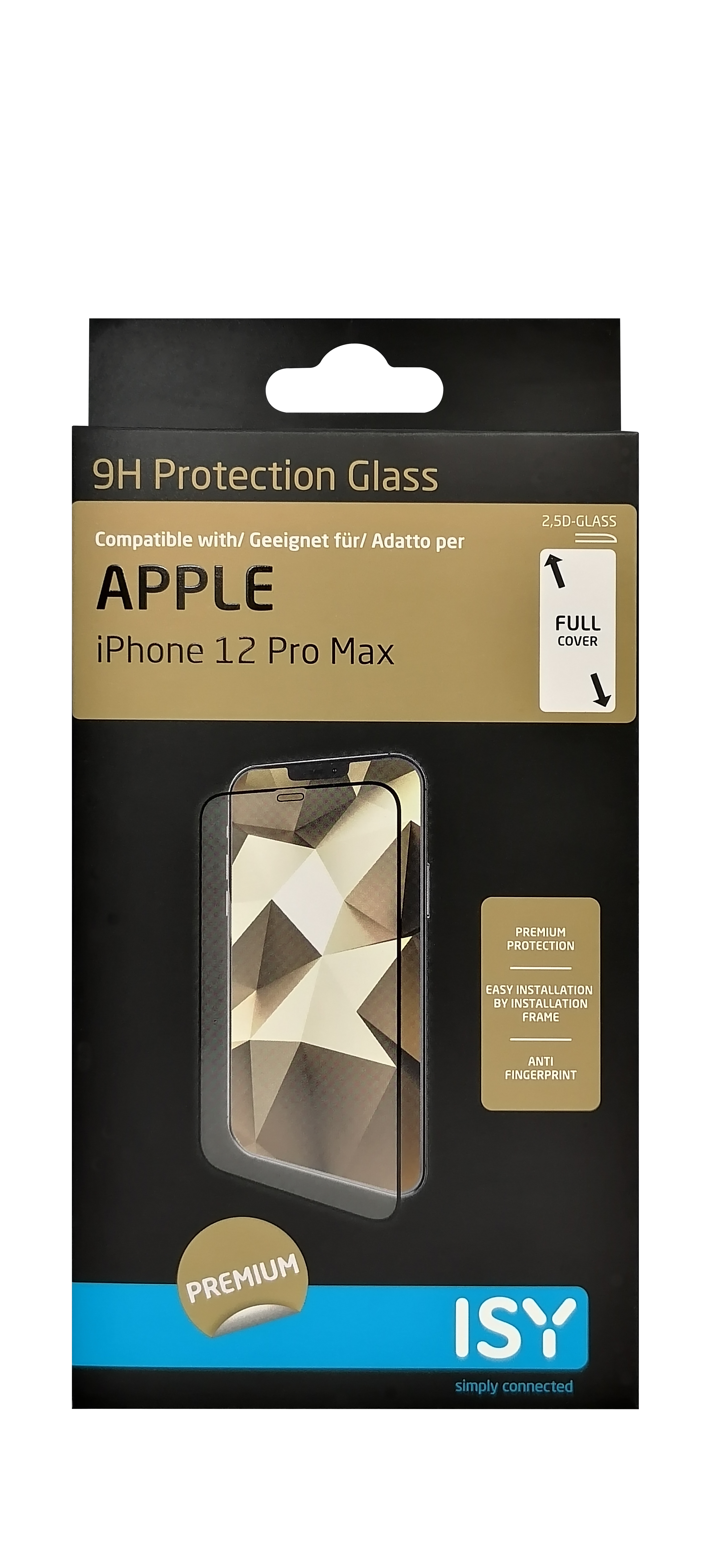 Eine schwarze Box für einen iPhone 12 Pro Max Displayschutz, mit Text und ISY-Logo.