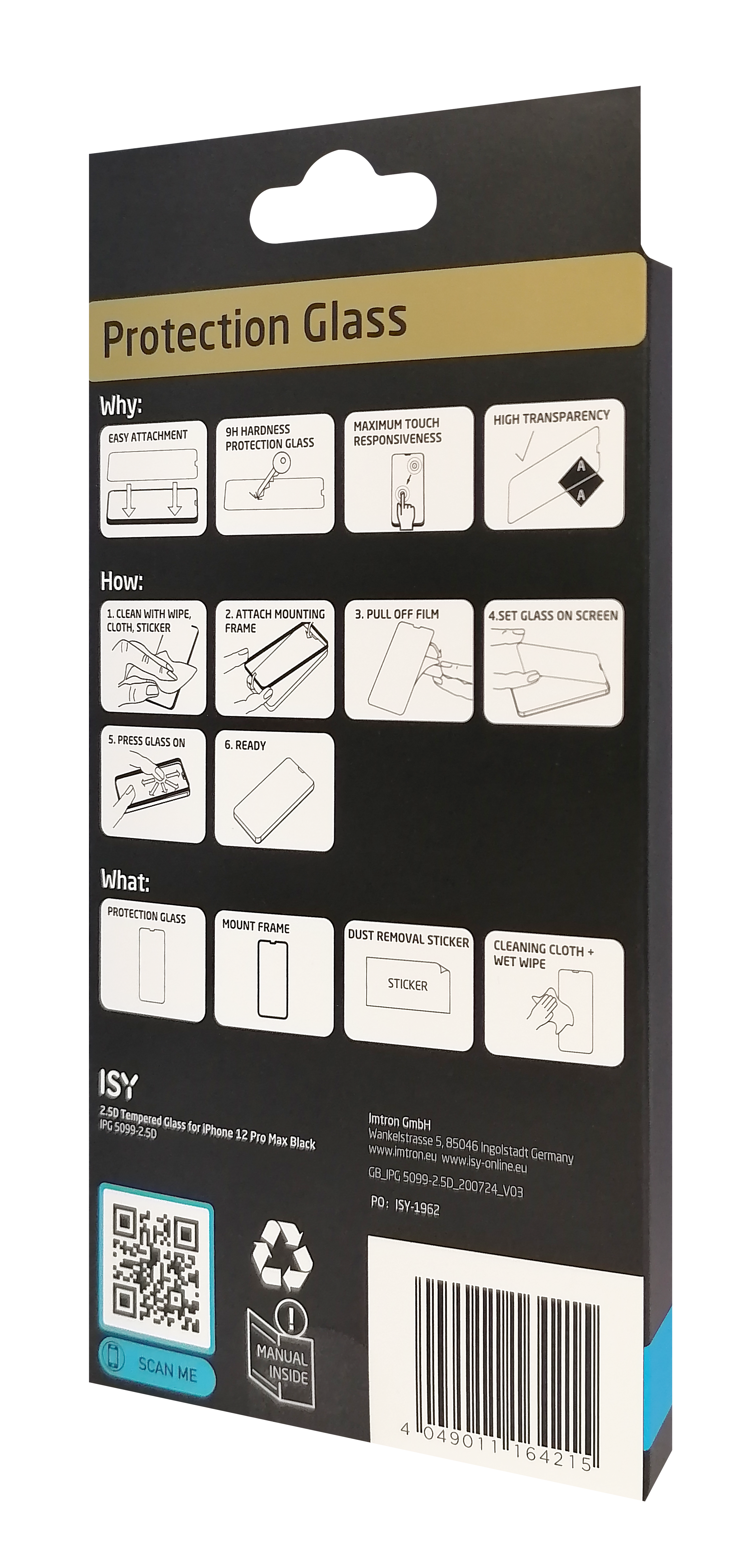 Rückseite einer Displayschutzfolienbox mit Informationen und Anweisungen.
