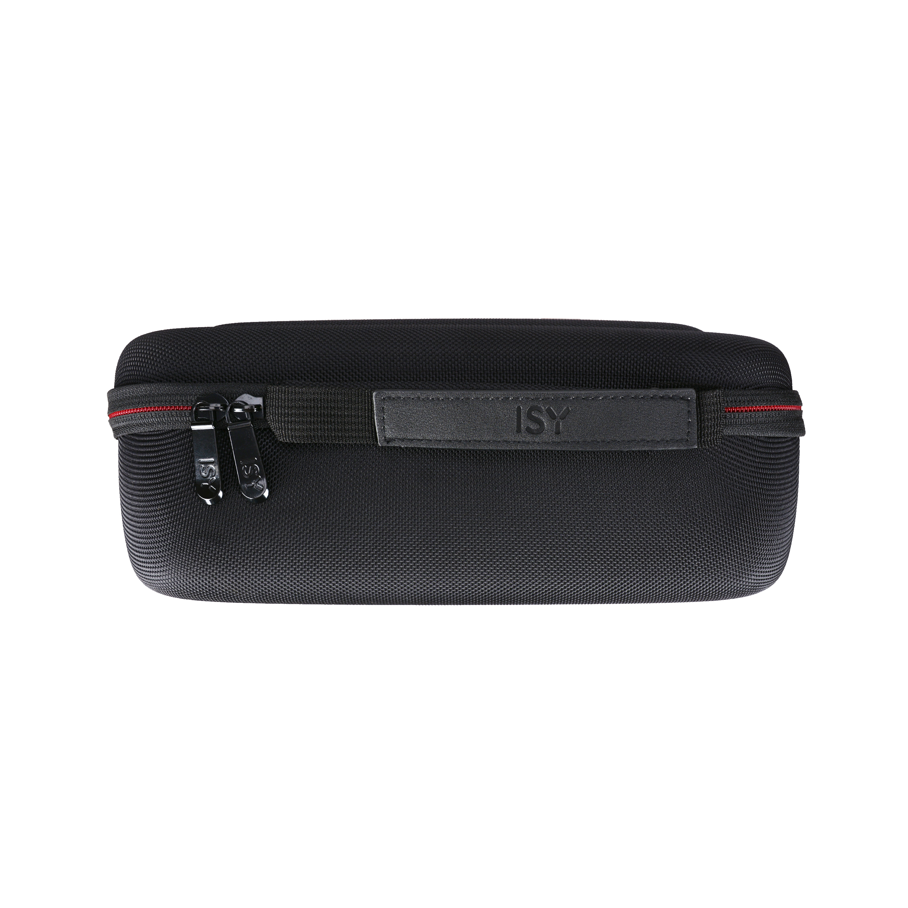 Ein schwarzes Etui mit Griff und Reißverschlüssen. Es hat eine rechteckige Form.