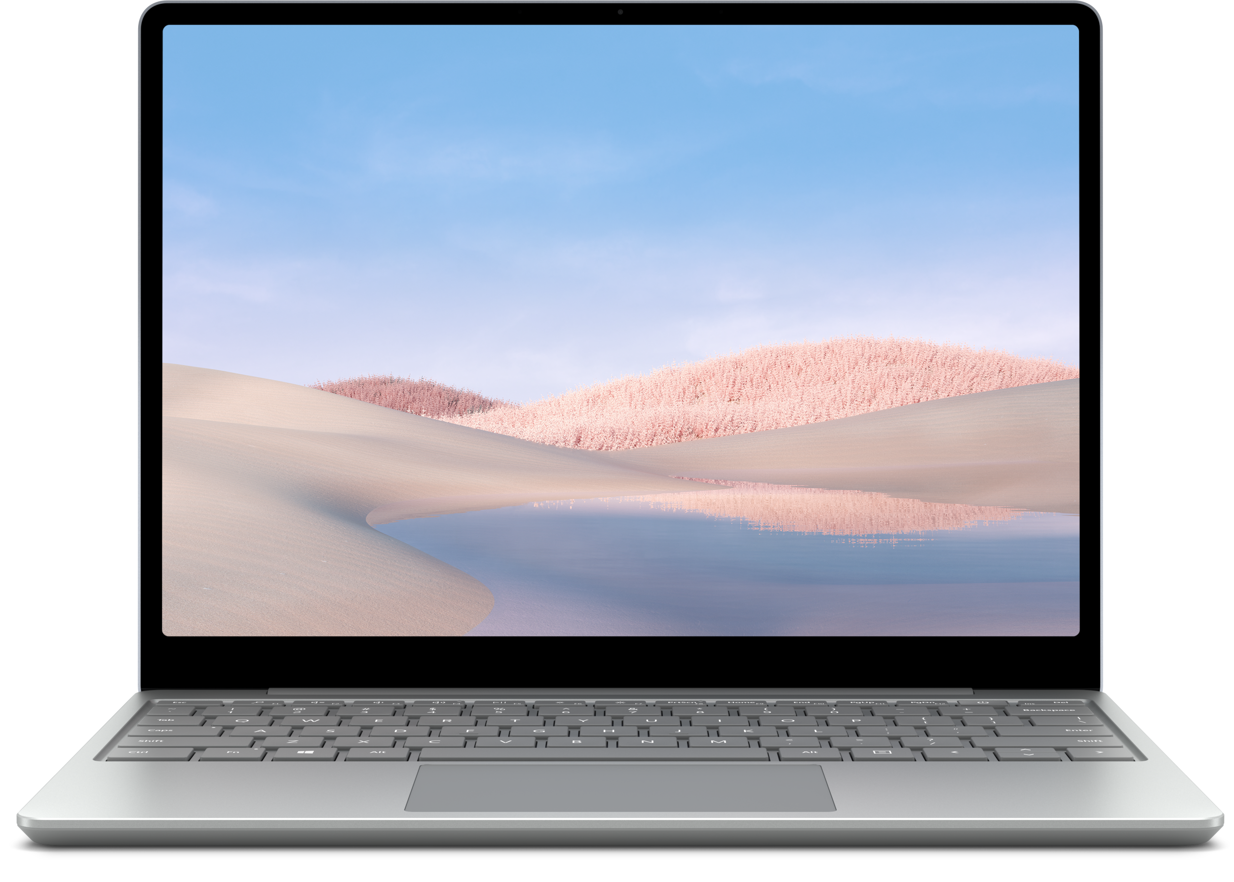 Ein geöffneter Laptop, der eine Wüstenlandschaft mit einem See und blauem Himmel zeigt.