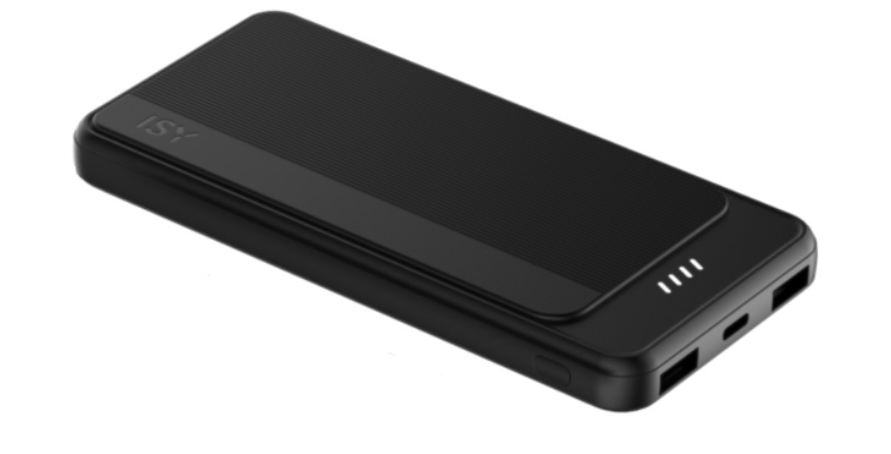 Eine schwarze ISY Powerbank mit geriffelter Oberseite und Ladeanzeigen.