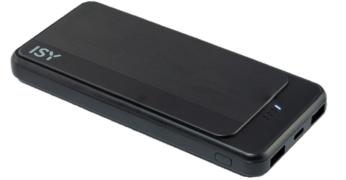 Schwarze ISY Powerbank auf weißem Hintergrund.
