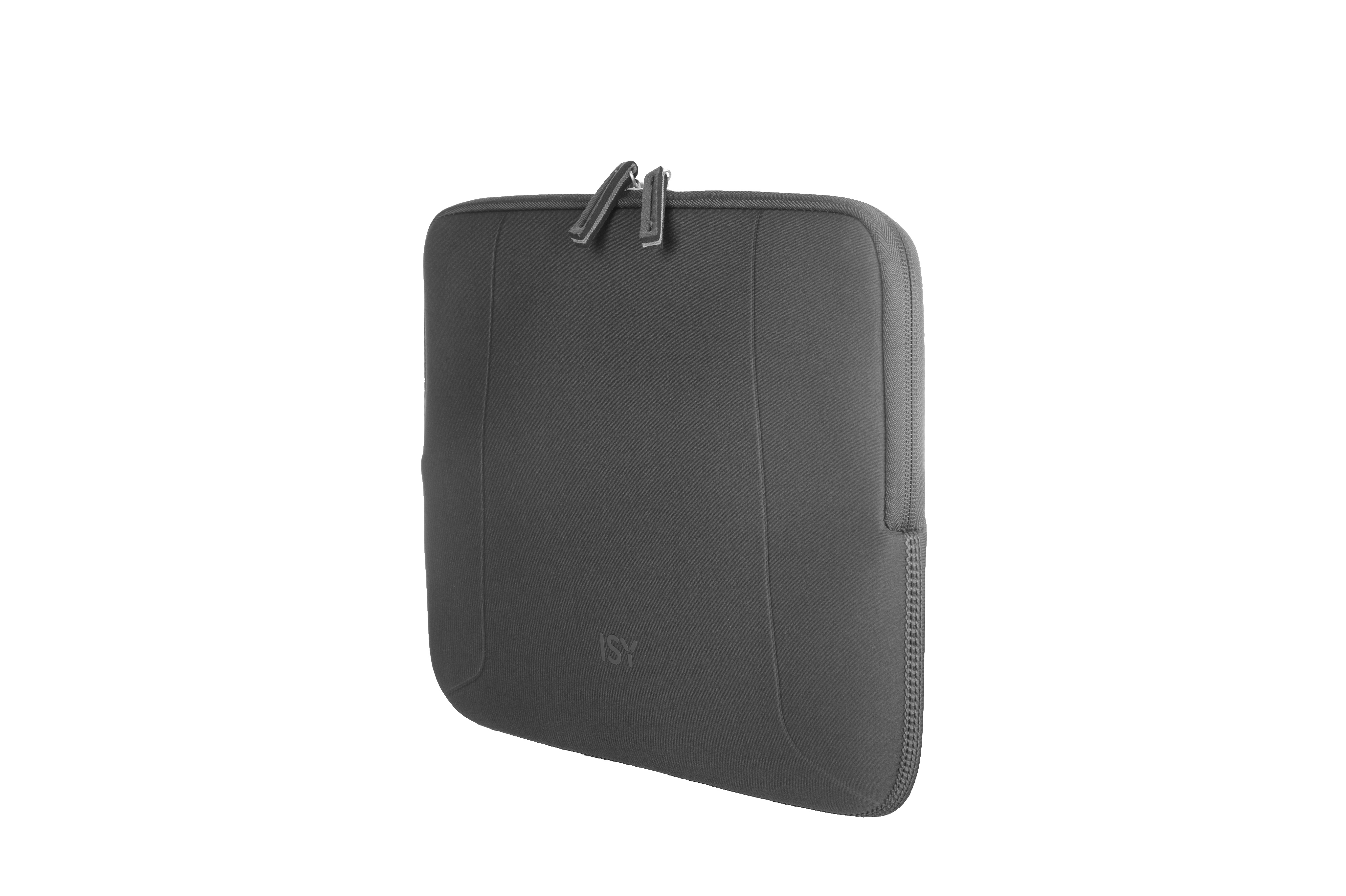 Graue ISY-Laptoptasche mit Reißverschluss. Weißer Hintergrund.