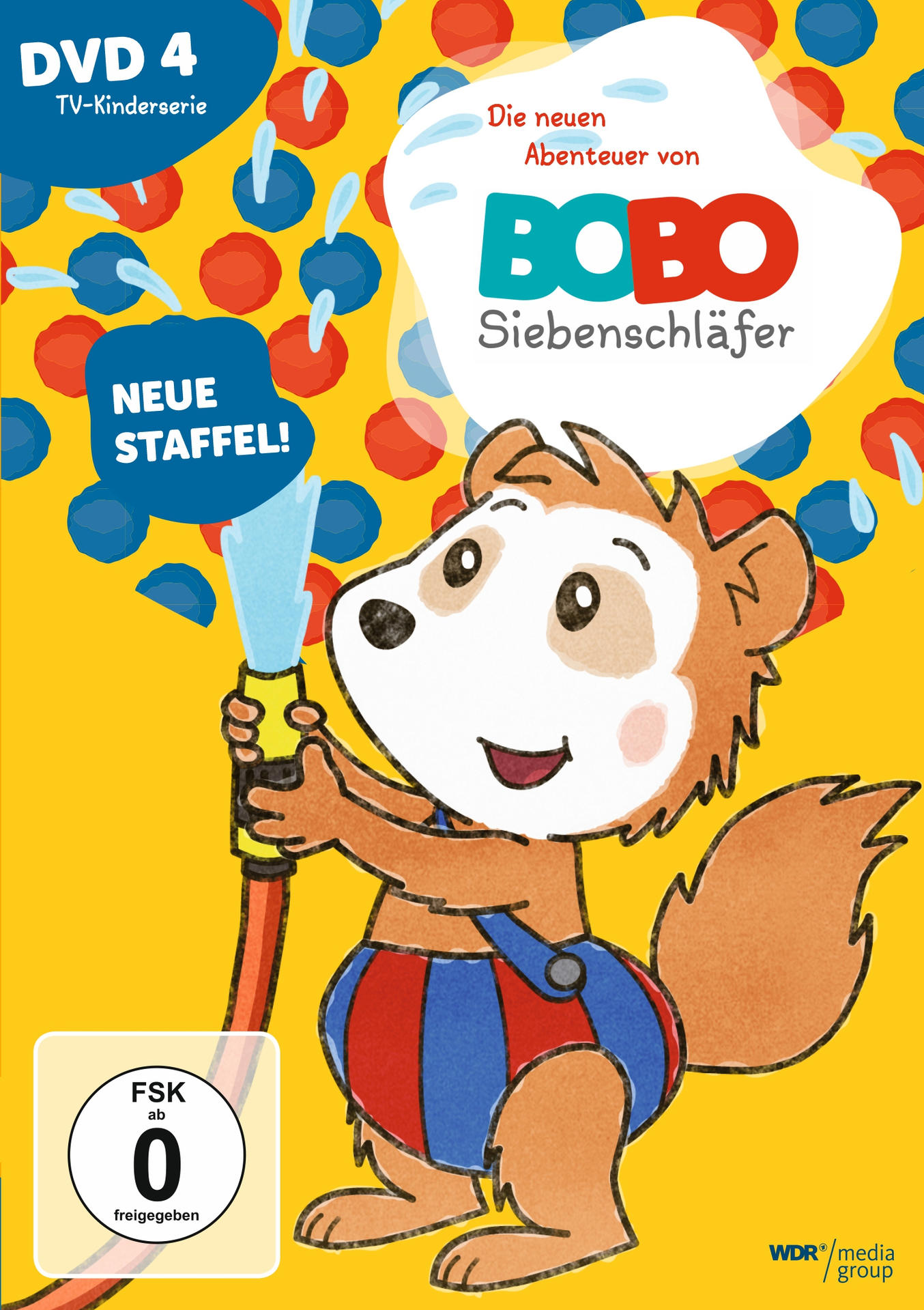 DVD-Cover mit einem Cartoon-Bären, der Wasser sprüht, Text, gelber Hintergrund und Kindersicherheitslabel.