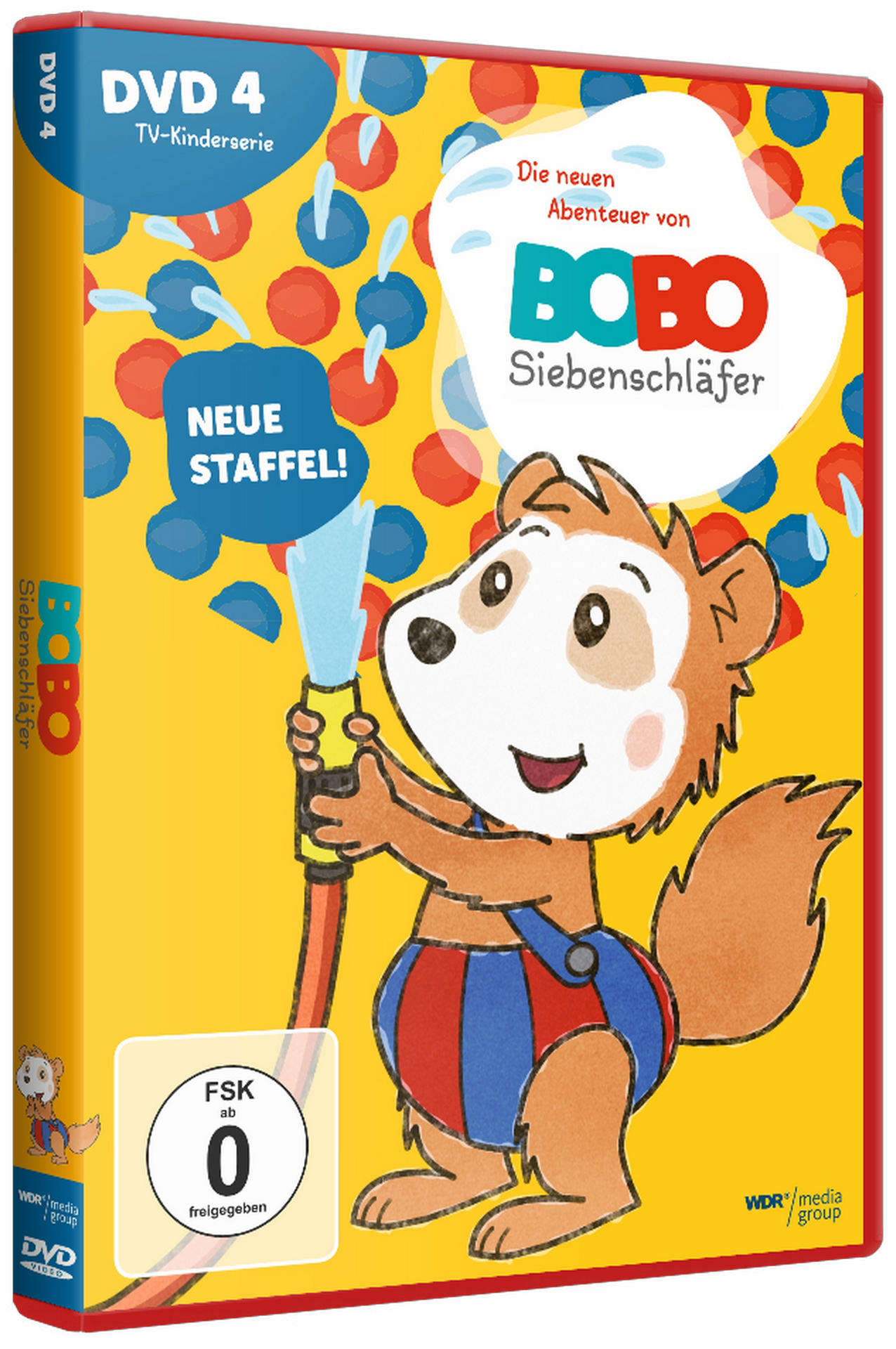 DVD-Hülle mit einer Comicfigur, die einen Schlauch hält. Gelber Hintergrund mit Text.