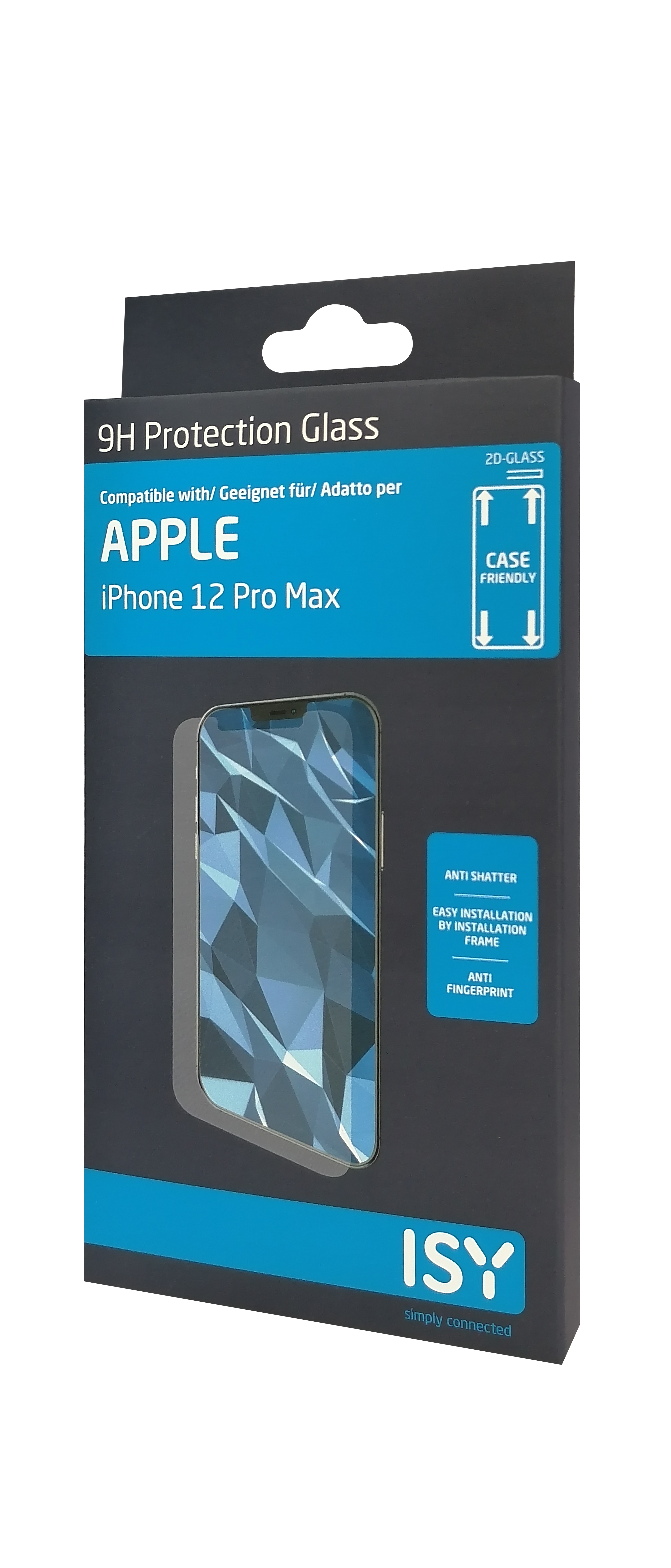iPhone 12 Pro Max Displayschutz in schwarzer Box. Text: 9H Protection Glass, ISY Logo. Telefonbild vorne.
