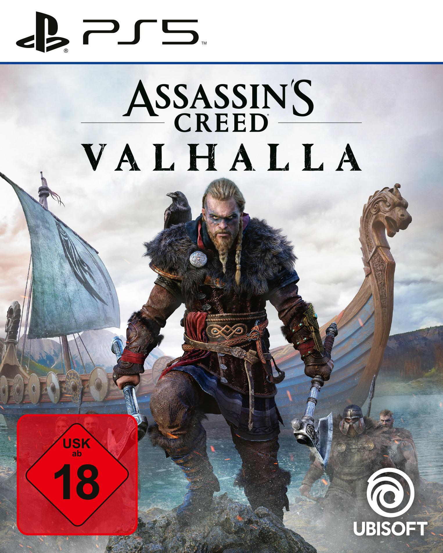 Assassin's Creed Valhalla Spielcover. Ein Wikinger mit Äxten, Boot und Rabe.