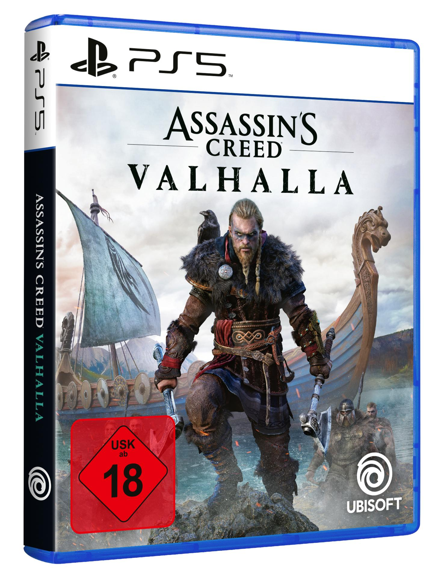 PS5-Spielbox von 'Assassin's Creed Valhalla' mit einem Wikingerkrieger auf dem Cover.