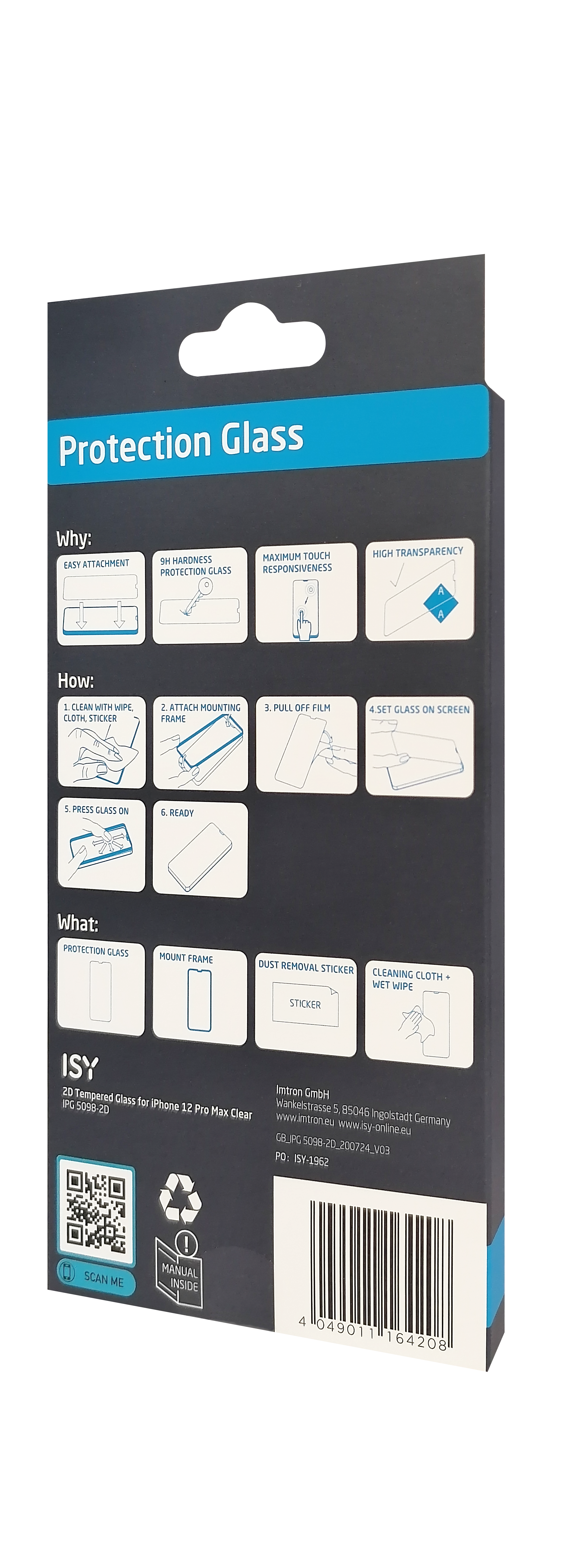 Die Rückseite einer Handy-Glas-Displayschutzfolienbox mit Diagrammen und Text zur Verwendung.