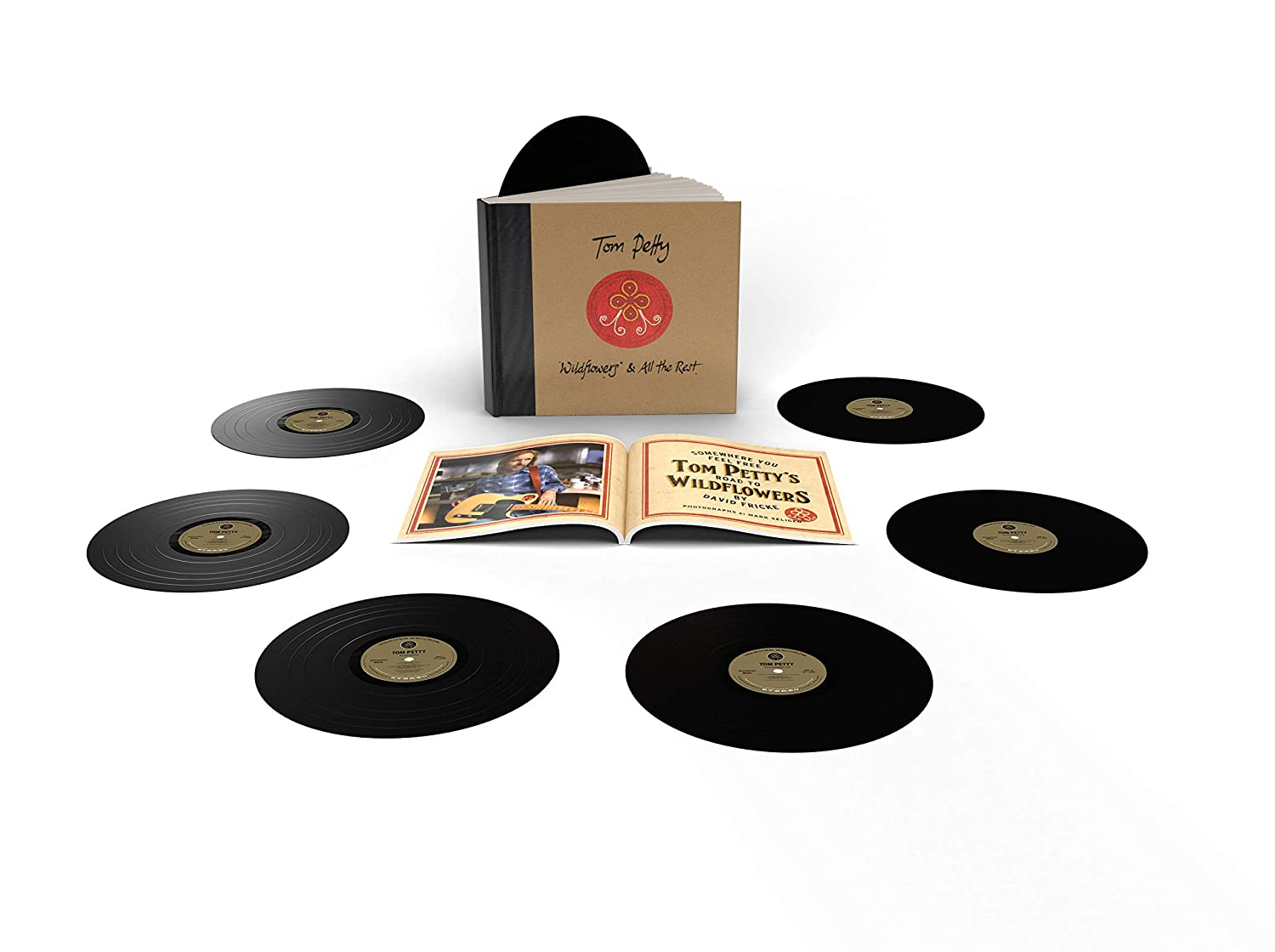 Tom Petty "Wildflowers" díszdoboz bakelitlemezekkel és nyitott könyvvel.