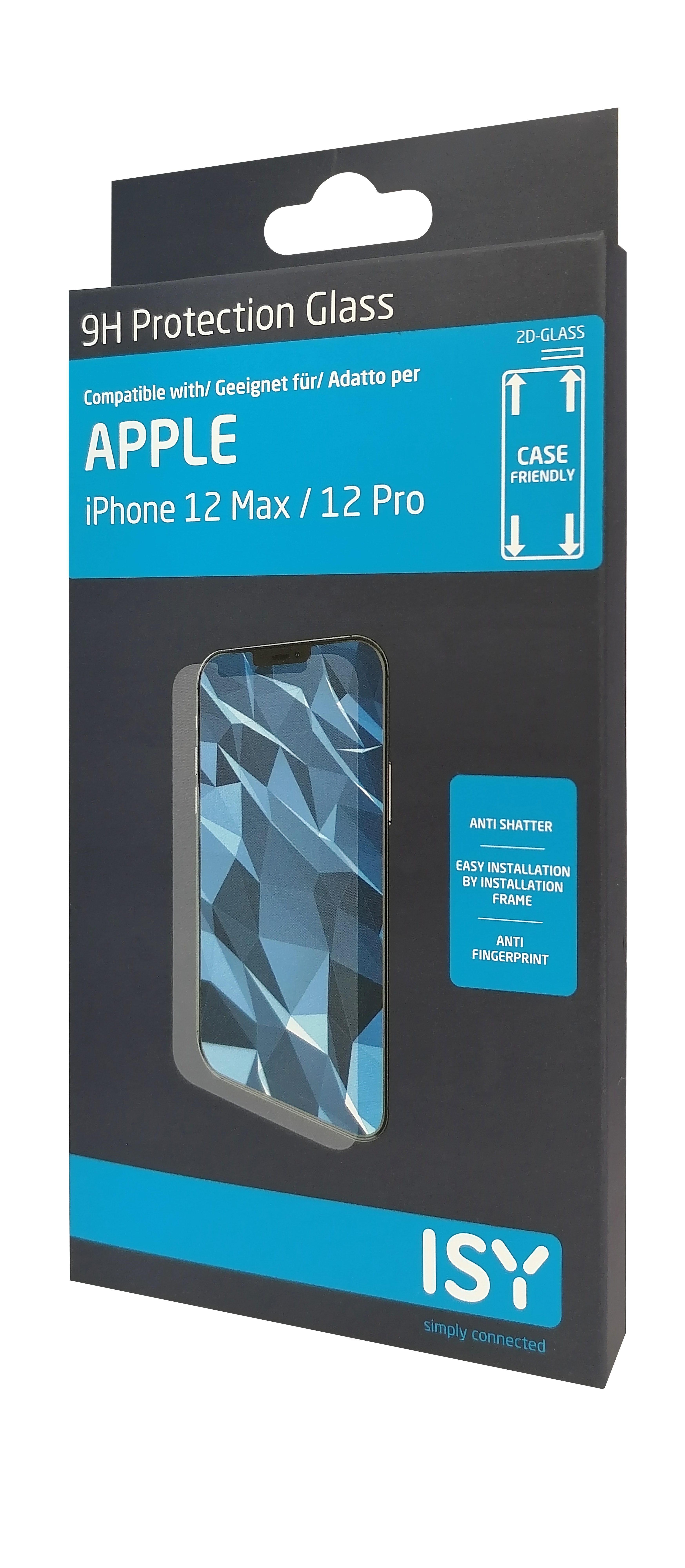 Verpackung für einen iPhone 12 Max/Pro Displayschutz mit Text und Telefonbild.
