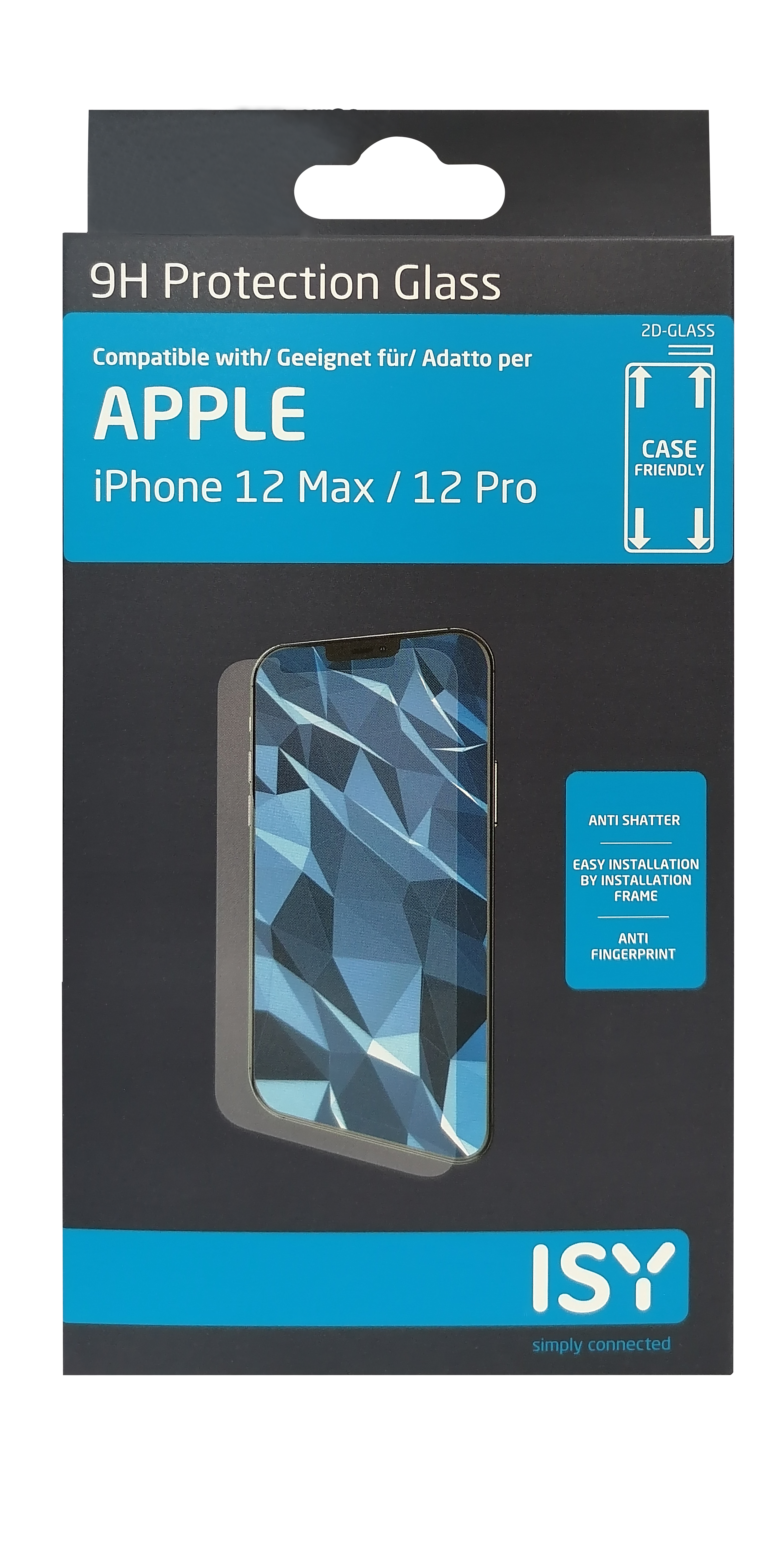 Schachtel für iPhone 12 Max/Pro Displayschutzfolie. Bild des Telefonbildschirms und Text: 9H Protection Glass.