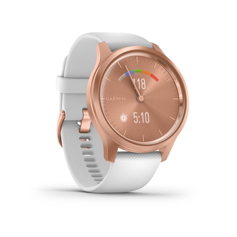 Rózsaszín arany Garmin okosóra fehér szíjjal. Az óralap az időt és az aktivitásjelzőket mutatja.