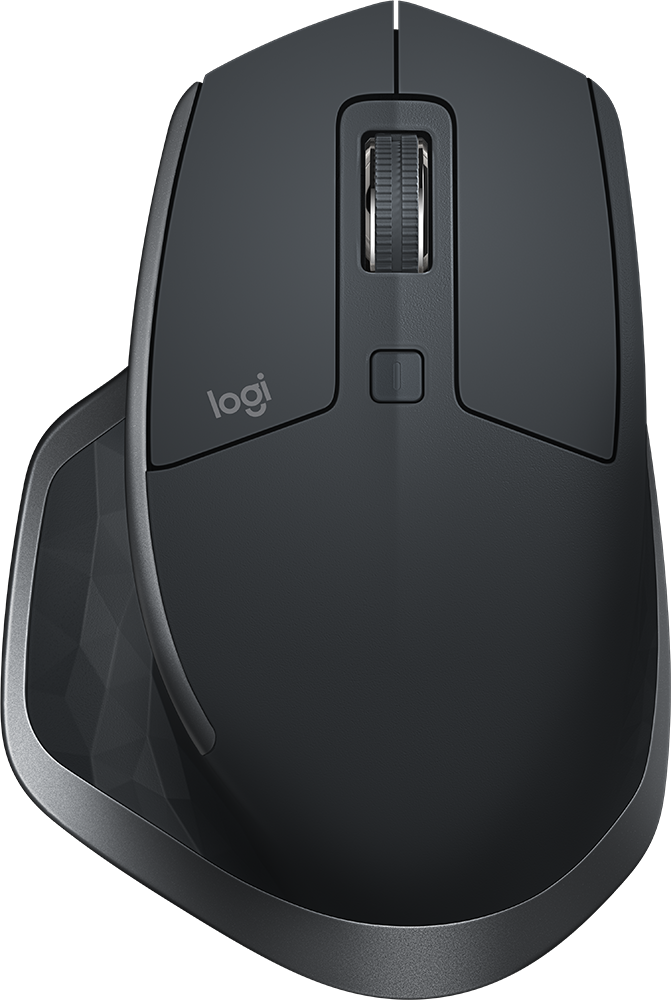 Souris Logitech gris foncé. Molette de défilement, boutons et un bas incurvé.
