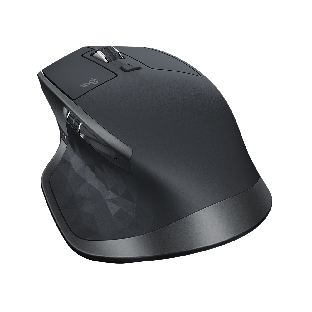 Souris Logitech MX Master 3 noire avec molette et boutons sur fond noir.