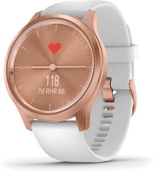 Rózsaszín arany Garmin óra fehér szíjjal. Pulzusszámot mutat, 118 bpm. Piros szív ikon a számlapon. Fehér háttér.